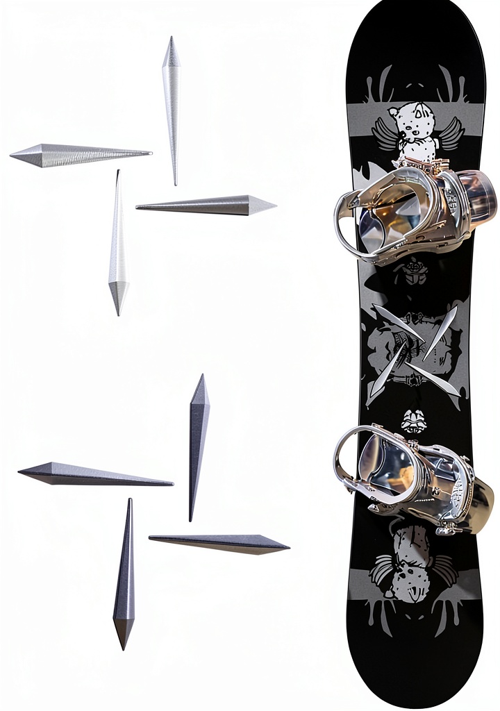 Snowboard stomp pads installed on a board in a snowy environment